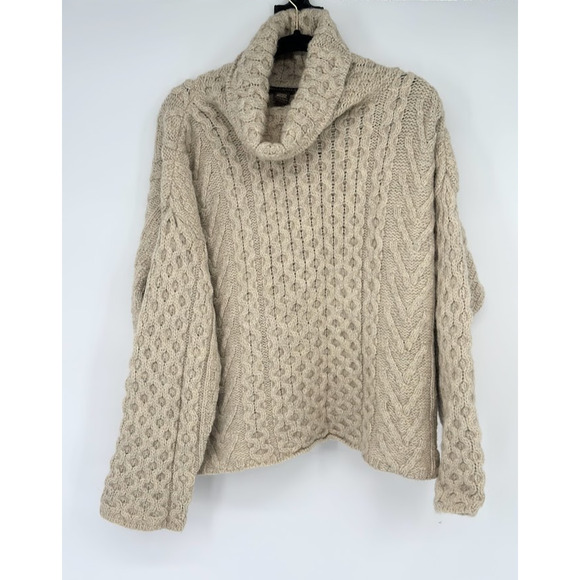 Inis Crafts Sweater Womens M Tan Wool Turtleneck Cable Knit Ireland Fisherman - Picture 1 of 7